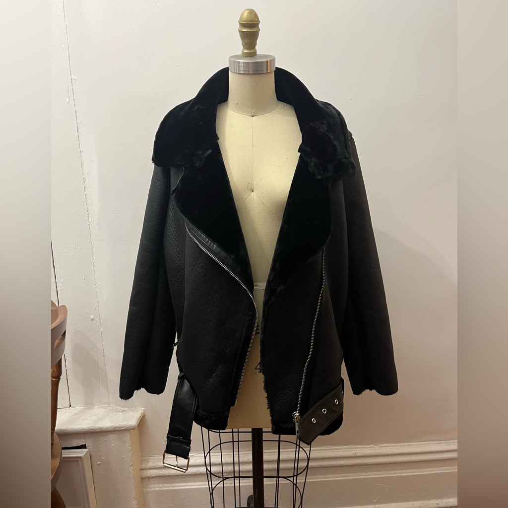 Black Faux Shearling Oversized Pu Coat
